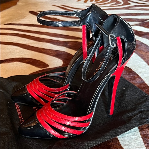 Pleaser Black and Red Strappy Fetish Pin Up Heels Ankle Strap heel 7 6” heel - Picture 1 of 9